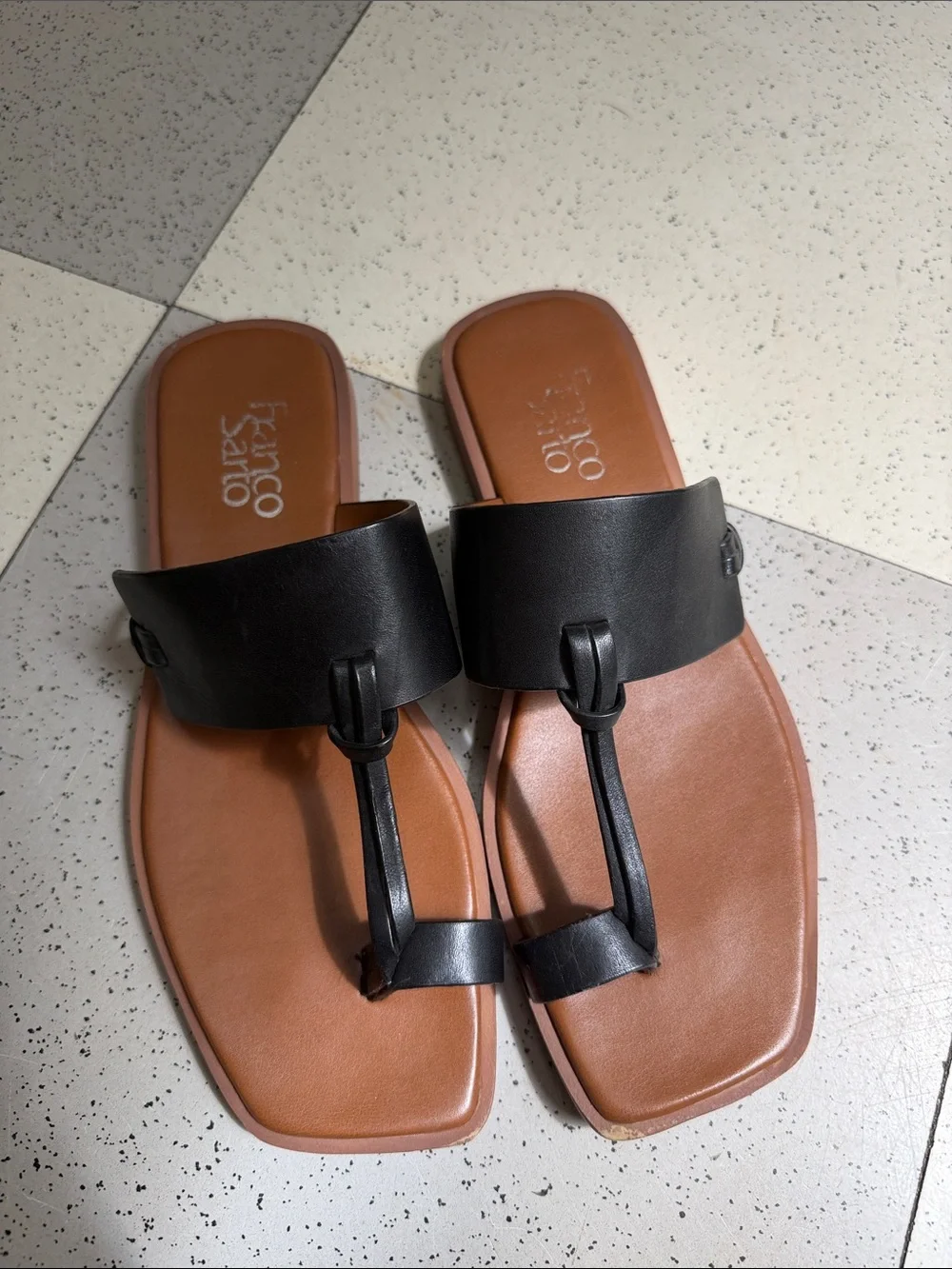 Franco Sarto Black Leather T-Strap Slide Sandals with Tan Footbed